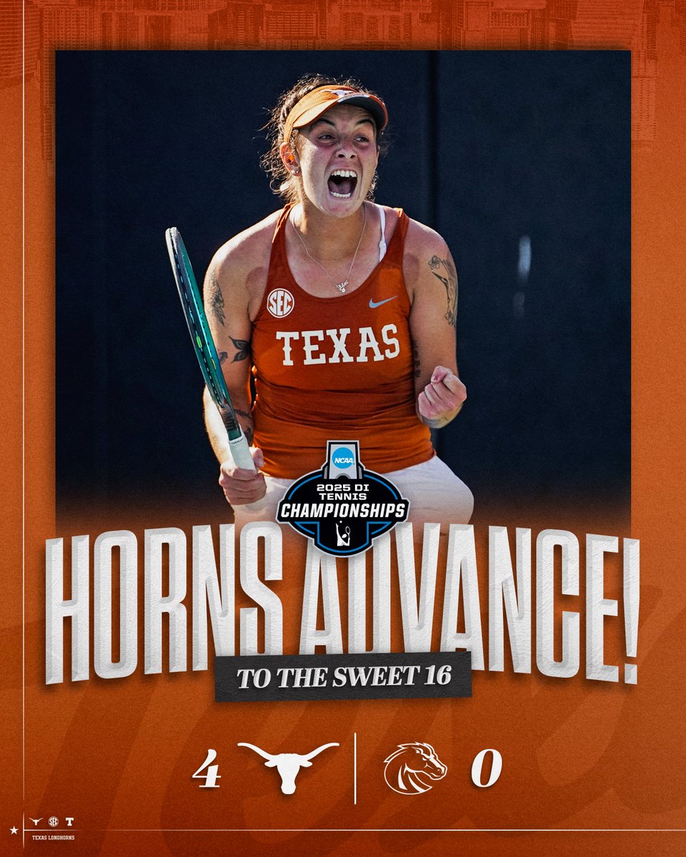 Texas Women's Tennis (@texaswtn) on Twitter photo And there it is!! The Horns are into the round of 16 of the <a href="/NCAATennis/">NCAA Tennis</a> tournament for the 5️⃣th-straight year with a 4️⃣-0️⃣ sweep of Boise State!
They’ll next travel to face #3 Michigan in Ann Arbor next weekend!
#HookEm 🤘🎾 And there it is!! The Horns are into the round of 16 of the <a href="/NCAATennis/">NCAA Tennis</a> tournament for the 5️⃣th-straight year with a 4️⃣-0️⃣ sweep of Boise State!
They’ll next travel to face #3 Michigan in Ann Arbor next weekend!
#HookEm 🤘🎾