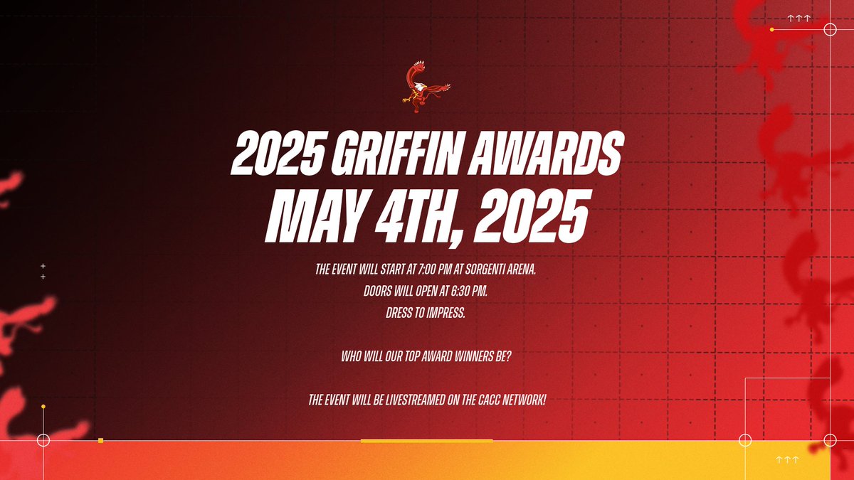 🏆Our fourth annual Griffin Awards in less than 24 hours away! 🏆

SUNDAY Night!  7:00 PM  at Sorgenti Arena

doors open at 6:30 PM

Who will our top award winners be?

 The event will be livestreamed at  tinyurl.com/ytaj72kc

#GriffinPride