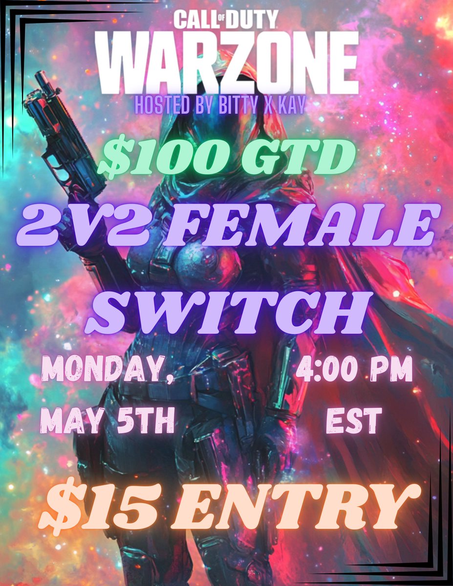 🌸 $100 GTD 2V2 FEMALE SWITCH 🌸

🗓️: Monday • May 5th @ 4:00PM EST
💰: $100GTD + Entries + Respins
🎀: Entry $15
🎡: twitch.tv/QueenBitty 

🩷 Comment For A Form 🩷