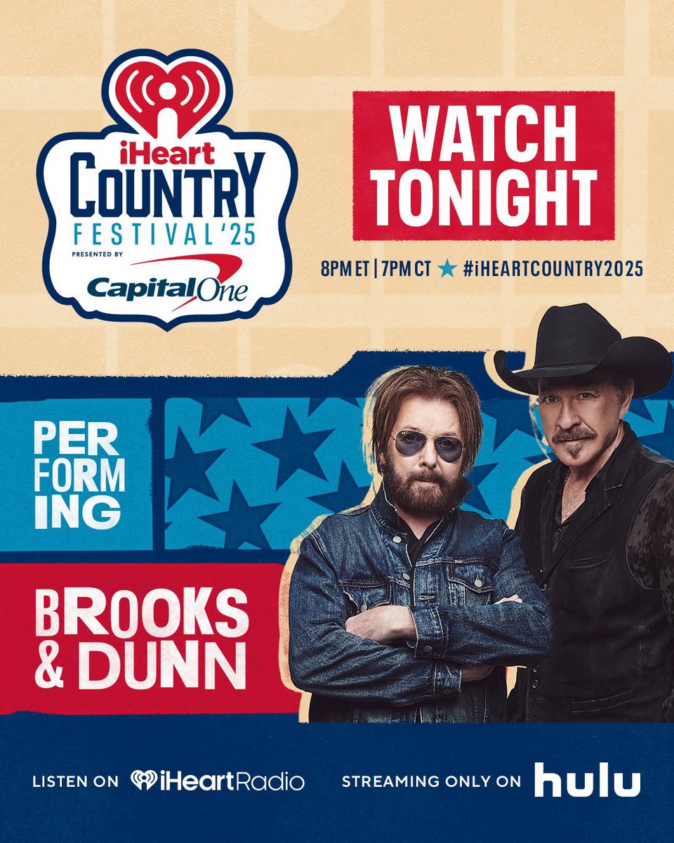 Brooks & Dunn (@brooksanddunn) on Twitter photo iHeart Country Festival tonight in Austin, TX !! Stream it live on <a href="/hulu/">Hulu</a> at 7pm CST <a href="/iHeartCountry/">iHeartCountry</a> <a href="/iHeartRadio/">iHeartRadio</a> #iHeartCountry2025 iHeart Country Festival tonight in Austin, TX !! Stream it live on <a href="/hulu/">Hulu</a> at 7pm CST <a href="/iHeartCountry/">iHeartCountry</a> <a href="/iHeartRadio/">iHeartRadio</a> #iHeartCountry2025
