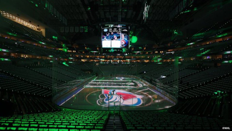 mbritten20's tweet photo. Stars getting ready to host the Avs for Game 7 under the 🟩 lights and all I can think about is getting some @FlanigansFL Rockin Rib Rolls. https://t.co/8PsTtnkHy0