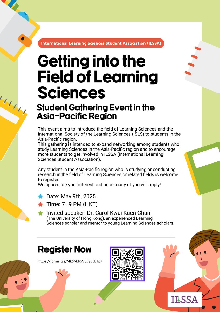 In the Asia-Pacific region? Want to learn about the LS community?  

Register for our "Getting into the Learning Sciences: A Student Gathering Event in the Asia-Pacific Region" 

🗓️ May 9th, 2025 at 7–9 PM (HKT) 
🔥 Featuring Dr. Carol Kwai Kuen Chan

forms.gle/1qHqS5wBjimmdE…