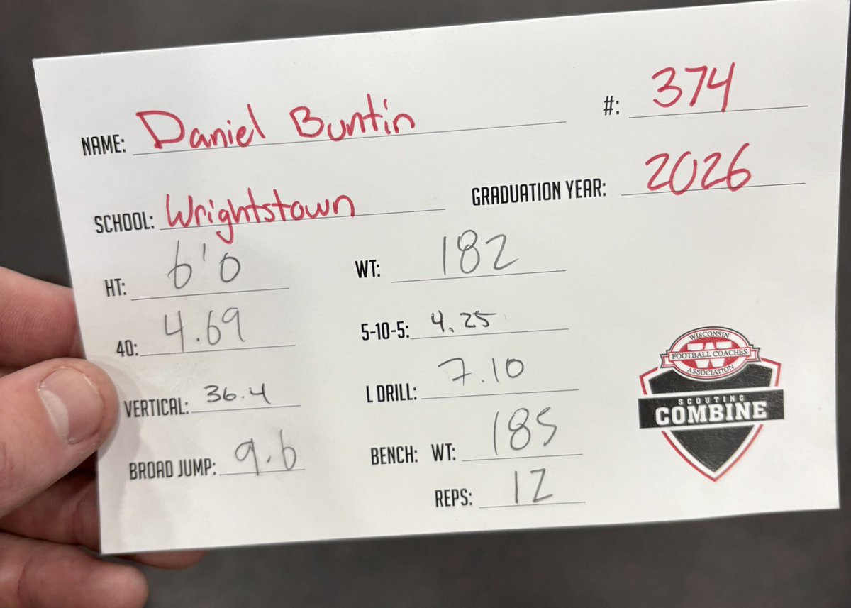DanielBuntin12's tweet image. Was awesome to be able to compete at the WFCA Combine. Posted some solid stats at the combine. @PrepRedzoneWI @travisWSN @MJ_NFLDraft