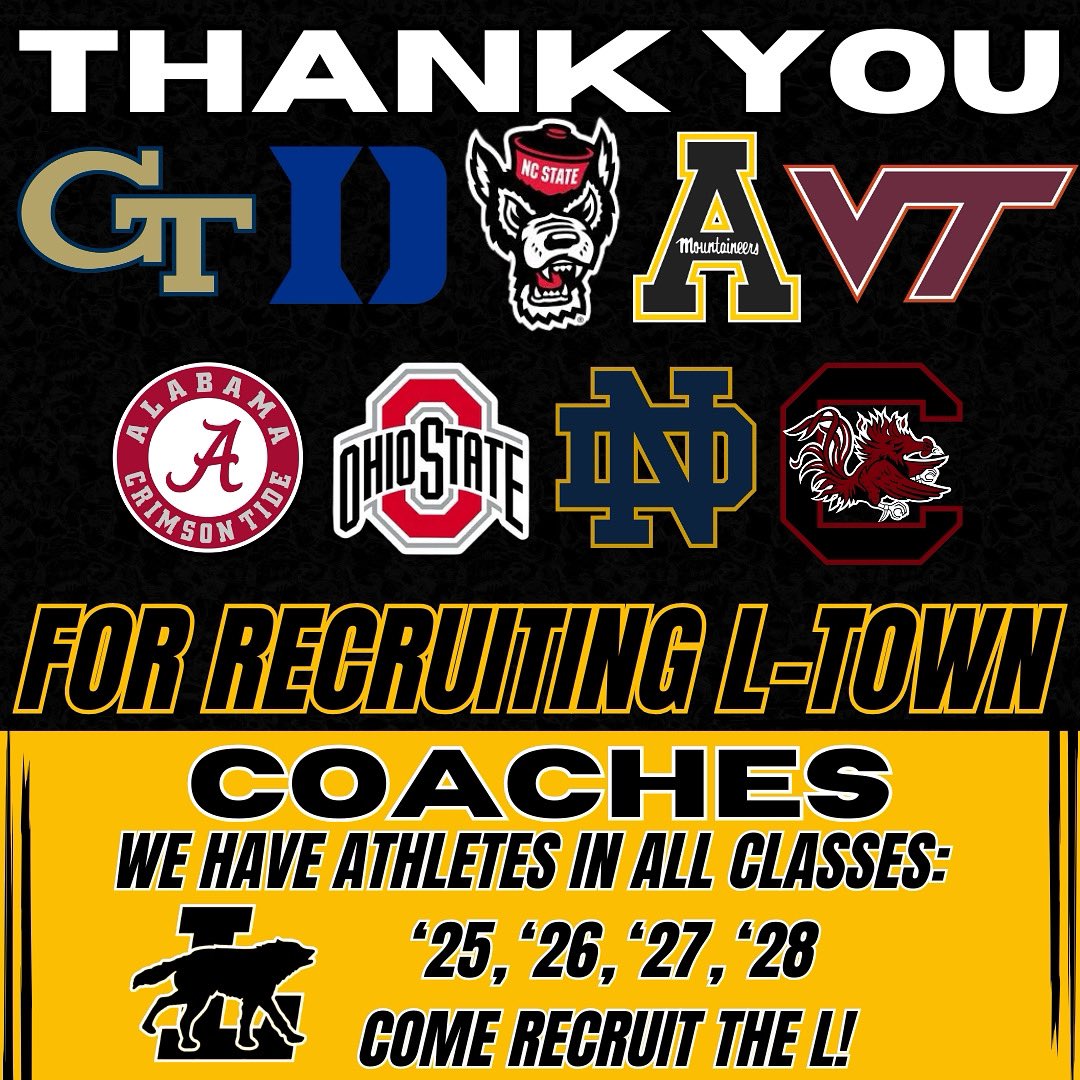 Thank you to all the coaches who came out to recruit our Athletes this week!

Special things happening in L-Town!

Coaches, we have practice again this week, come stop by and watch our guys compete!

#WolfWay🐺 #RecruitTheL