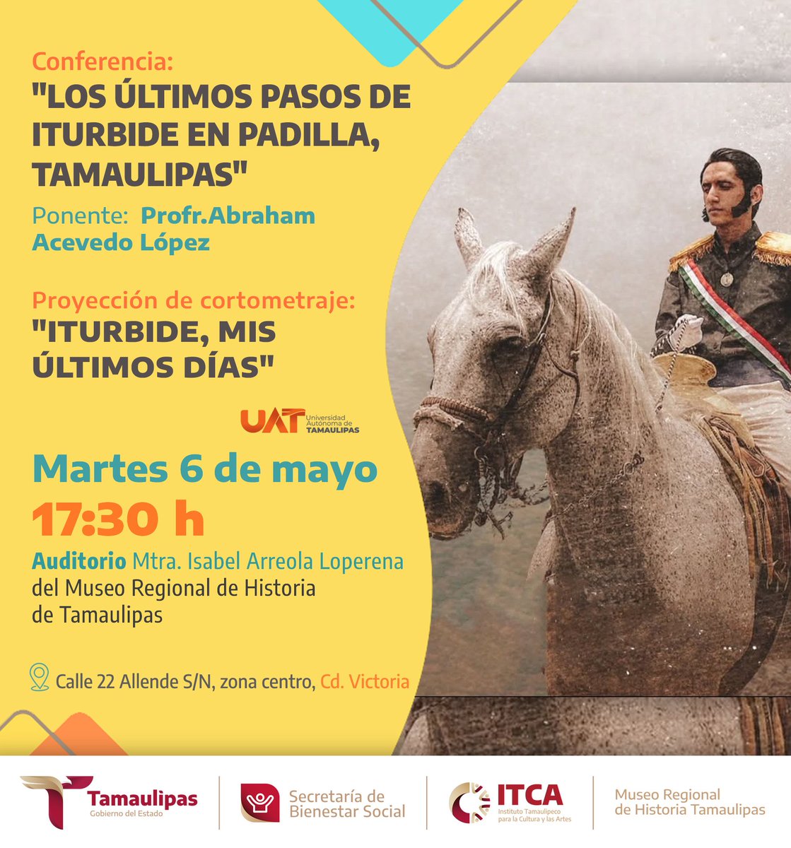 Acompáñanos este martes 6 de mayo a las 17:30 h en el Auditorio del #MuseoRegional para conocer más acerca del desenlace de una figura clave en la historia nacional 🏫

¡No te lo pierdas! ✨#EntradaGratuita️ #CdVictoria ITCA Tamaulipas