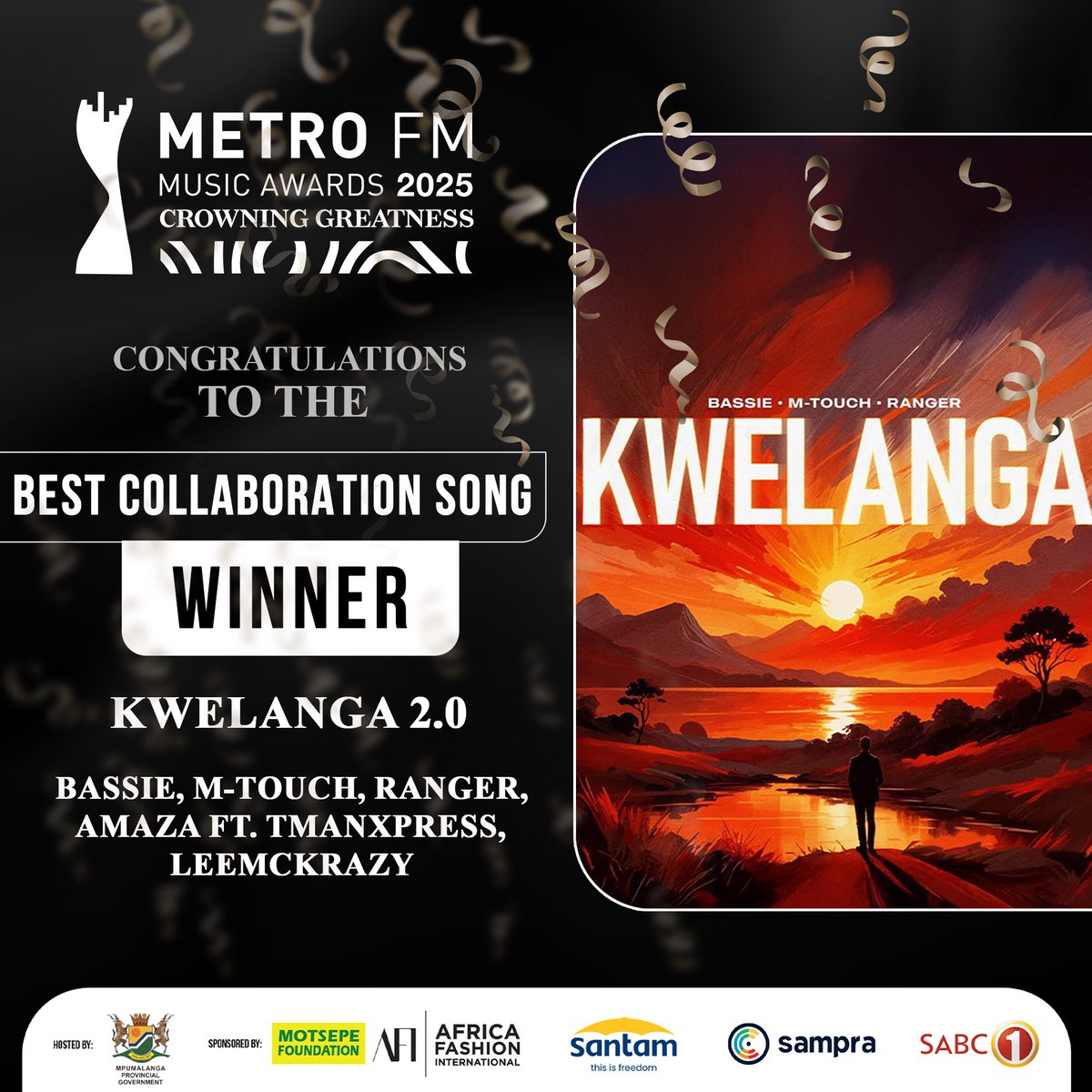 The winner for the Best Collaboration Song Category is...  Bassie, M-Touch, Ranger &amp; Amaza ft LeeMcKrazy &amp; TmanXpress - Kwelanga 🔥#MMA25 #CrowningGreatness #MetroFMMusicAwards2025