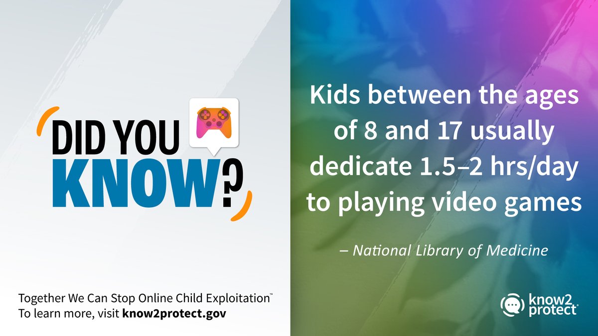 Know2Protect's tweet image. Gaming can be fun, but it shouldn’t take over your kids’ lives. Remind them to balance screen time with offline experiences. Visit dhs.gov/know2protect/k… for more tips on #GamingSafety.

#K2P #SpringIntoSafety