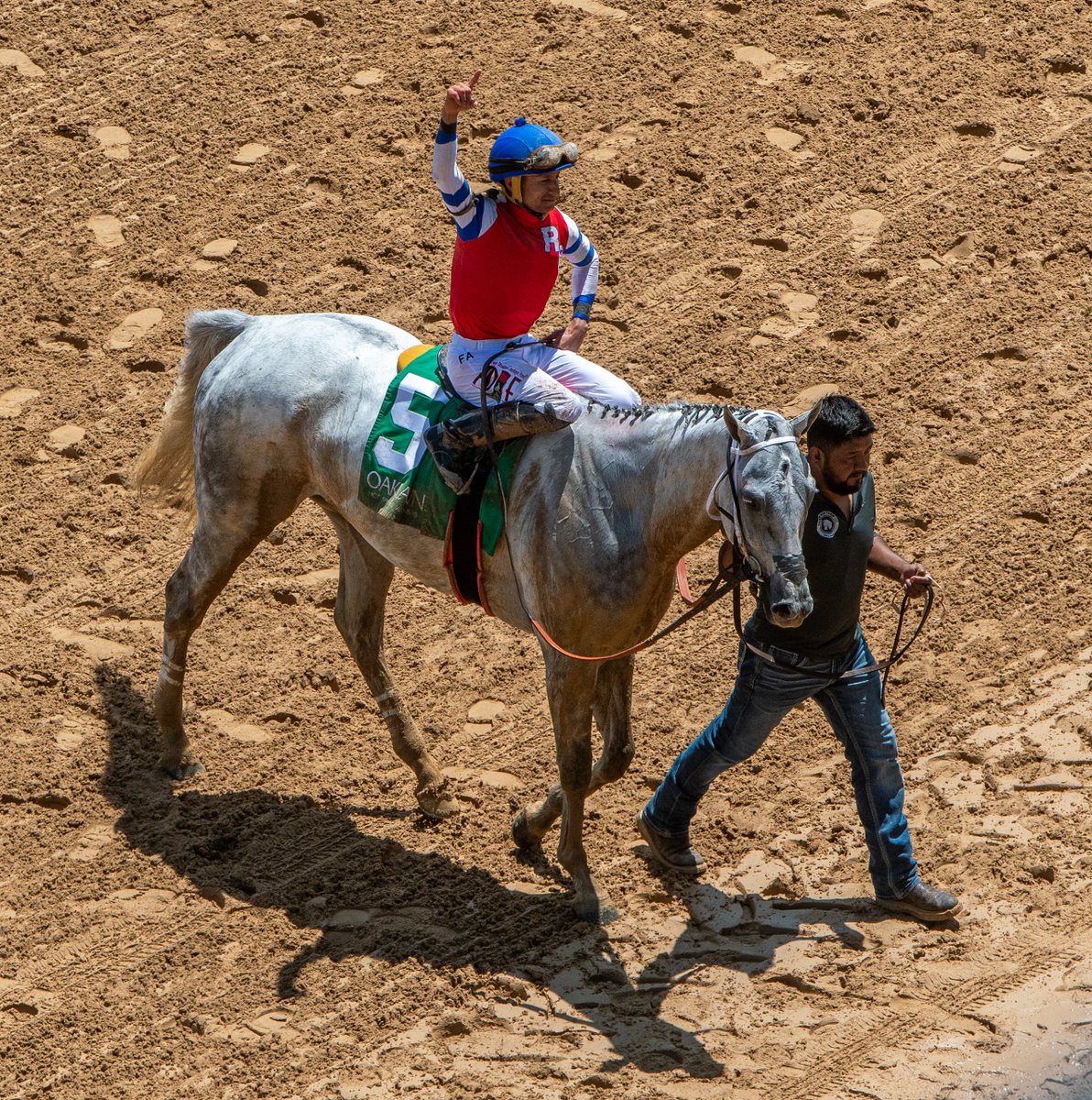 Francisco Arrieta with his signature gesture following each victory, this time in R2 Sat. at Oaklawn aboard Where's Randy ($6.40) for trainer Randy Morse. Arrieta clinched his 1st outright Oaklawn riding title, and 2nd overall, aboard Where's Randy (63rd meet win).