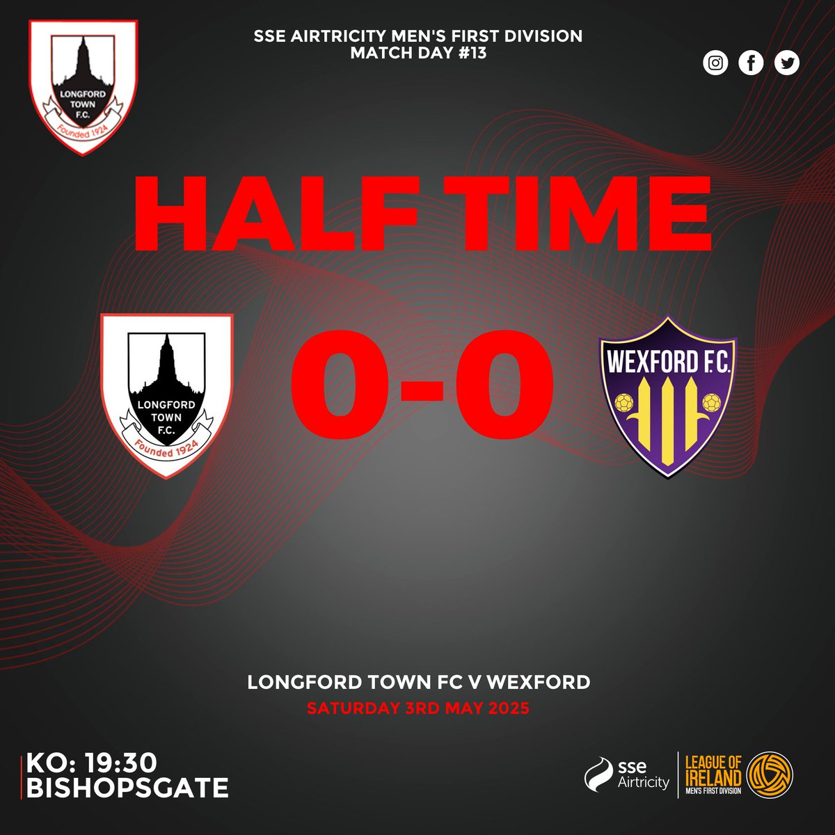 ⏱HT - Scoreless here in Bishopsgate at the half-time break.

Longford Town 0-0 Wexford

#Town2025 | #CmonDeTown | 🔴⚫