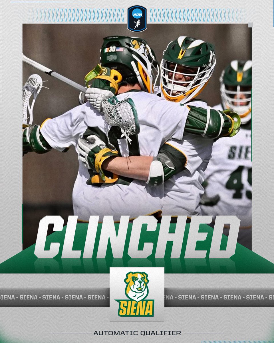 NCAA Lacrosse (@ncaalax) on Twitter photo 🐶 CLINCHED 🐶
<a href="/SienaLacrosse/">Siena Lacrosse</a> has clinched a spot in the 2025 NCAA DI Men’s Lacrosse Tournament after defeating Sacred Heart, 12-8, in the <a href="/MAACSports/">#MAACSports</a> tournament.
#NCAAMLAX 🐶 CLINCHED 🐶
<a href="/SienaLacrosse/">Siena Lacrosse</a> has clinched a spot in the 2025 NCAA DI Men’s Lacrosse Tournament after defeating Sacred Heart, 12-8, in the <a href="/MAACSports/">#MAACSports</a> tournament.
#NCAAMLAX