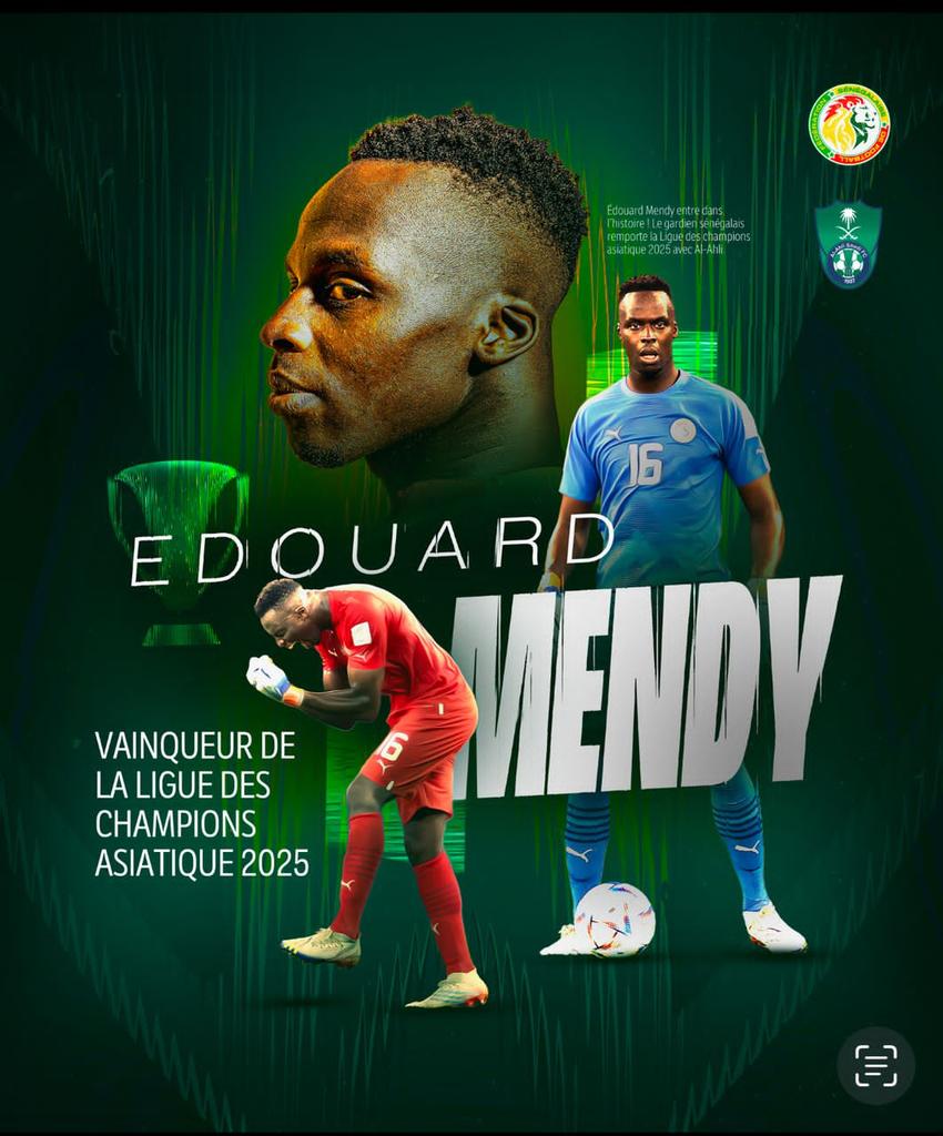 Immense Edou Mendy, CL Asiatique après la CL UEFA et le titre de Champion d'Afrique avec le Sénégal ! Fabuleux ! Il  entre dans le cercle des meilleurs gardiens de but de l'histoire ! Que Dieu le guide vers d'autres succès en club et en sélection ! Il est 🙏🏾🇸🇳🙏🏾 !
