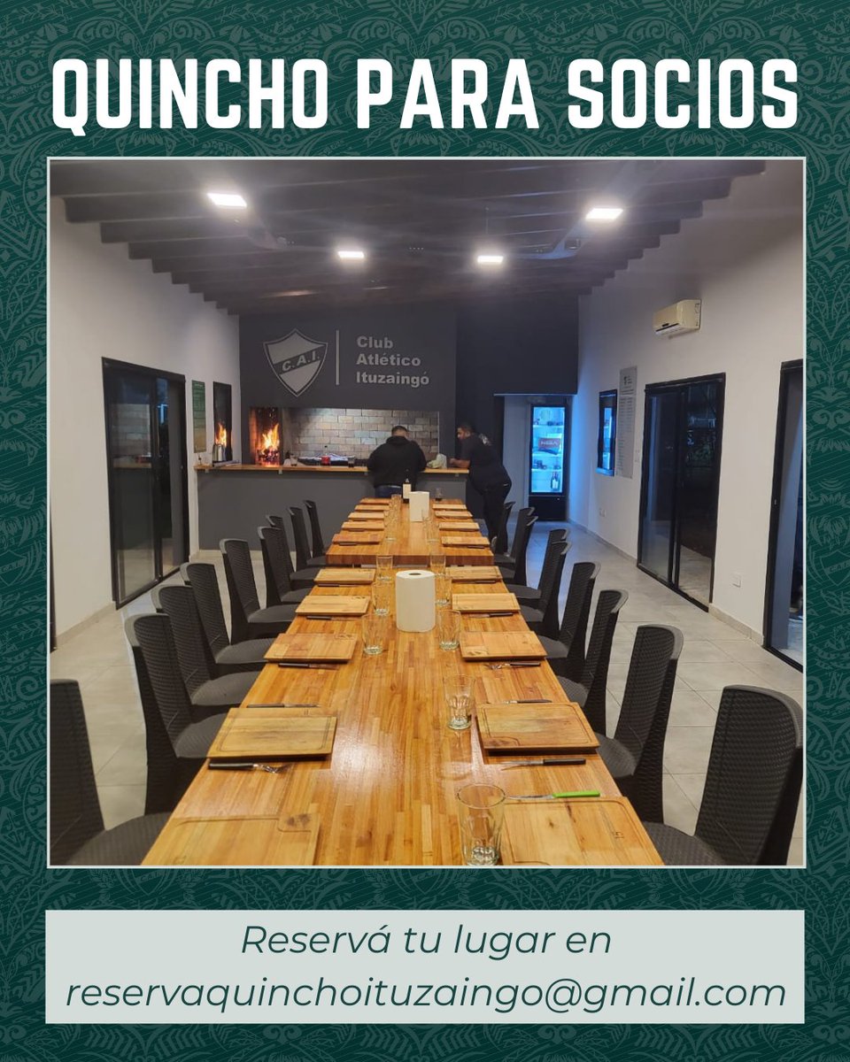 ItuzaingoPrensa's tweet photo. Ya está disponible el "Quincho de los Presidentes" para todos nuestros socios y socias.

Ideal para reuniones familiares o con amigos en la Ciudad Deportiva. La capacidad máxima es de 35 personas y el precio accesible.

Pedí tu fecha en reservaquinchoituzaingo@gmail.com https://t.co/DFc3XHQJfc