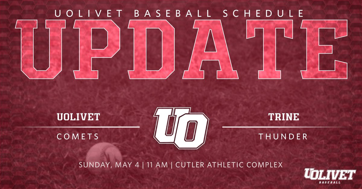Due to the weather forecast, the start time for the home @UOlivetBASEBALL doubleheader tomorrow against Trine has been moved up to 11 a.m. #GoCOMETS | #UONation | #d3baseball