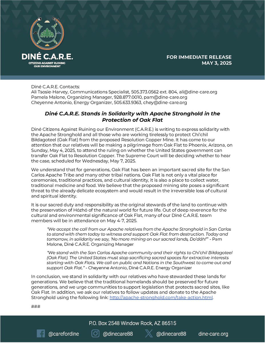 For Immediate Release | May 3, 2025

Diné C.A.R.E. Stands in Solidarity with Apache Stronghold/Save Oak in the Protection of Oak Flat