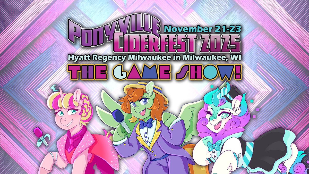 Worthwhile Events NFP (@worthwhileevnts) on Twitter photo Our first announcement: Ponyville Ciderfest 2025: The Game Show!
- November 21-23, 2025 at the Hyatt Regency Milwaukee
- We'll be looking for Game / Competition Show panels soon!
(2 of 8) Our first announcement: Ponyville Ciderfest 2025: The Game Show!
- November 21-23, 2025 at the Hyatt Regency Milwaukee
- We'll be looking for Game / Competition Show panels soon!
(2 of 8)
