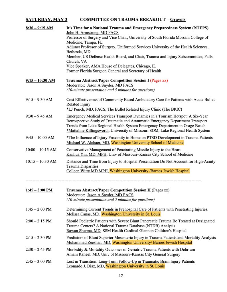 Shoutout to  <a href="/WashUSurgery/">WashU Medicine Department of Surgery</a>  residents and medical students for strong presence and stellar presentations at <a href="/MissouriACS/">MOACS</a> 
With 5/10 papers at <a href="/MissouriCOT/">Missouri Committee on Trauma</a> competition <a href="/acsTrauma/">The ACS Committee on Trauma</a>  <a href="/washusurgres/">General Surgery Residency at WashU Medicine</a> <a href="/WashUVascular/">WashU Medicine Division of Vascular Surgery</a> <a href="/KerriOhmanMD/">Kerri Ohman, MD</a>