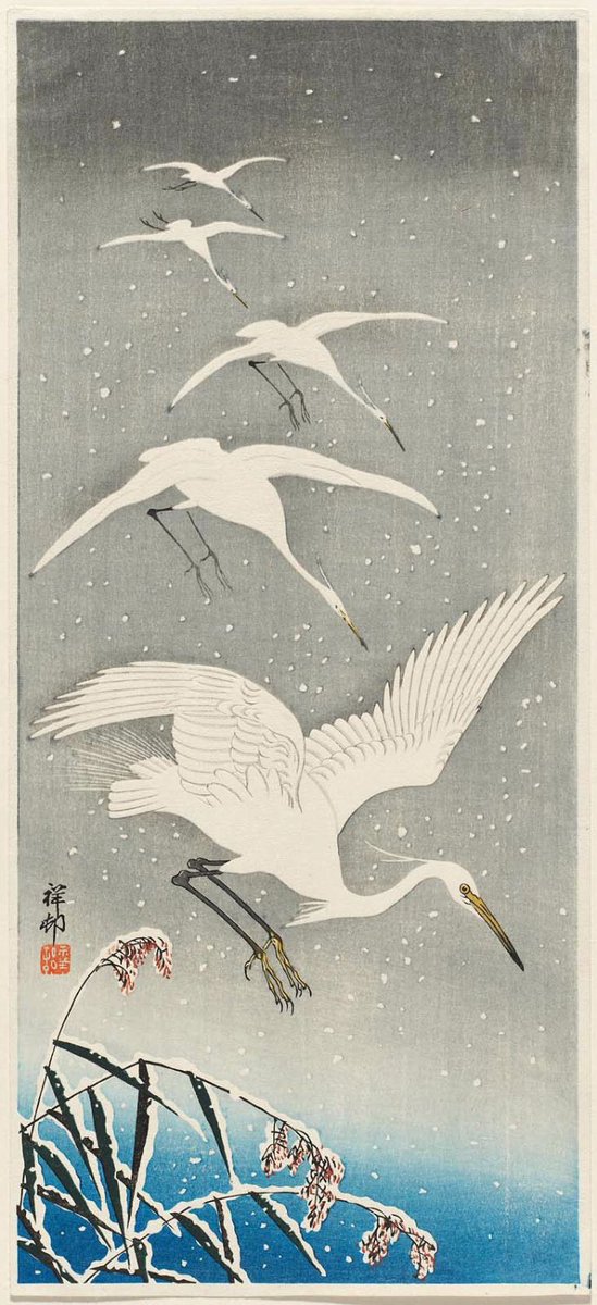 JapanTraCul's tweet image. Five Egrets Descending in Snow, by Ohara Koson, 1920