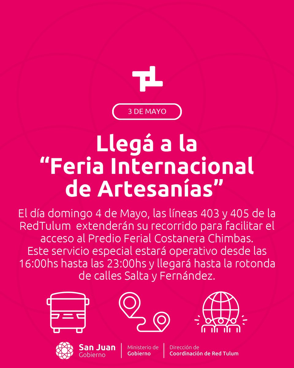 🚍🎪Llegá a la “Feria Internacional de Artesanías” con RedTulum🎪🚍

📢¡Informate y no te quedes sin viajar!

<a href="/MinGobSanJuan/">MINGOB San Juan</a> 
<a href="/sisanjuanok/">sisanjuanok</a>  

#RedTulum #MinGobierno #LauraPalma #TránsitoyTransporte #SUBE #MarceloOrrego #SanJuan #SanJuanArgentina