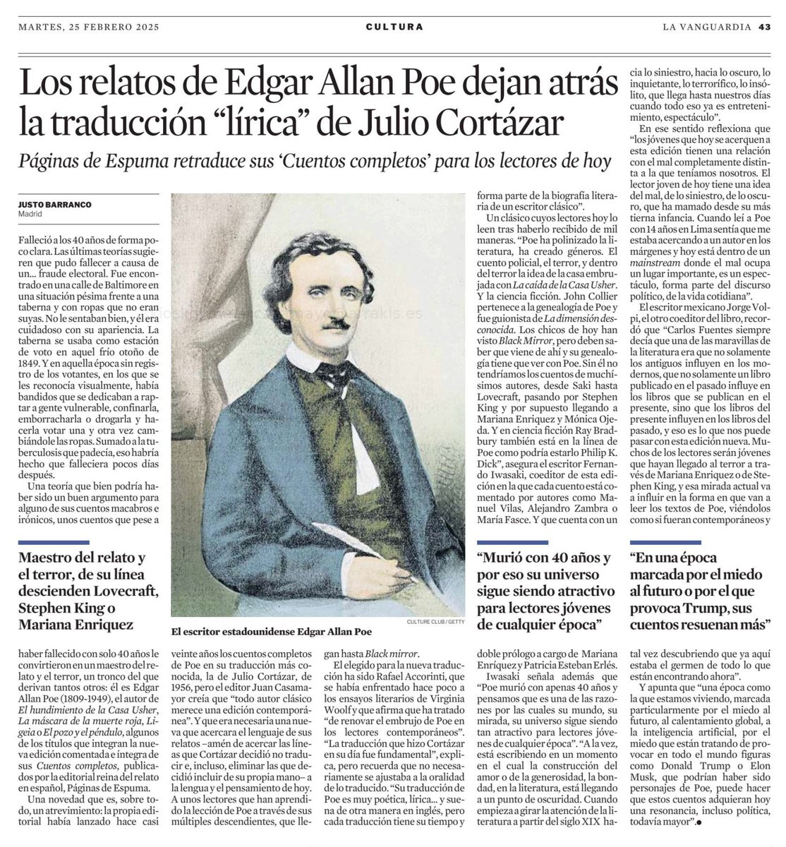 CarlosOlivoV's tweet photo. Rafael Accorinti, el traductor de la nueva edición de los cuentos de Poe para Páginas de Espuma MIENTE descaradamente en estas declaraciones:
«"La traducción que hizo Cortázar en su día fue fundamental", explica, pero recuerda que no necesariamente se ajustaba a la oralidad de lo traducido. "Su traducción de Poe es muy poética, lírica… y suena de otra manera en inglés".
SIGUE