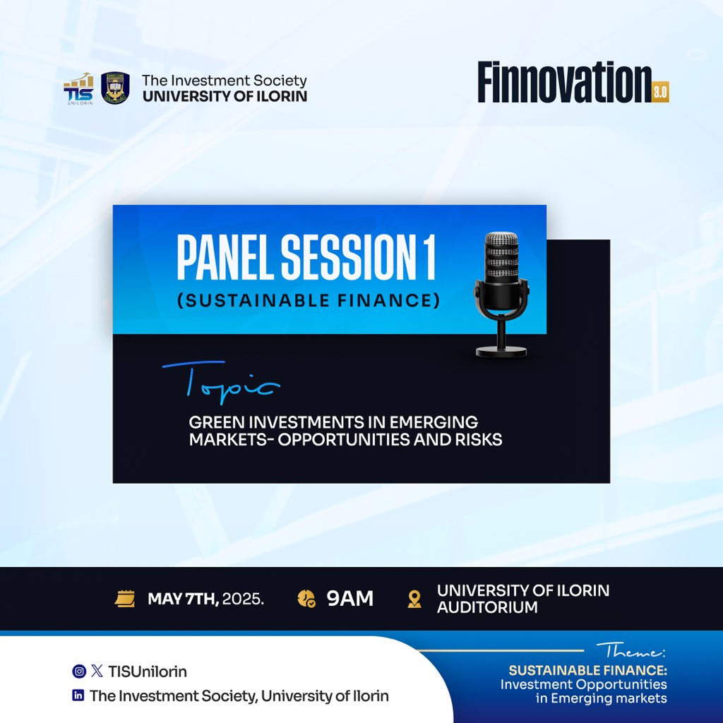 TISUnilorin's tweet photo. 🥁UNVEILING PANEL SESSION 1🥁
TOPIC: Green Investments in Emerging Markets—Opportunities and Risks
Get ready for powerful insights as our panel unpacks the potentials of sustainable finance in emerging economies.✨
Register now via: https://t.co/J6qYdSO6ae
#FINNOVATION3.0 https://t.co/ZfurDmfKy7