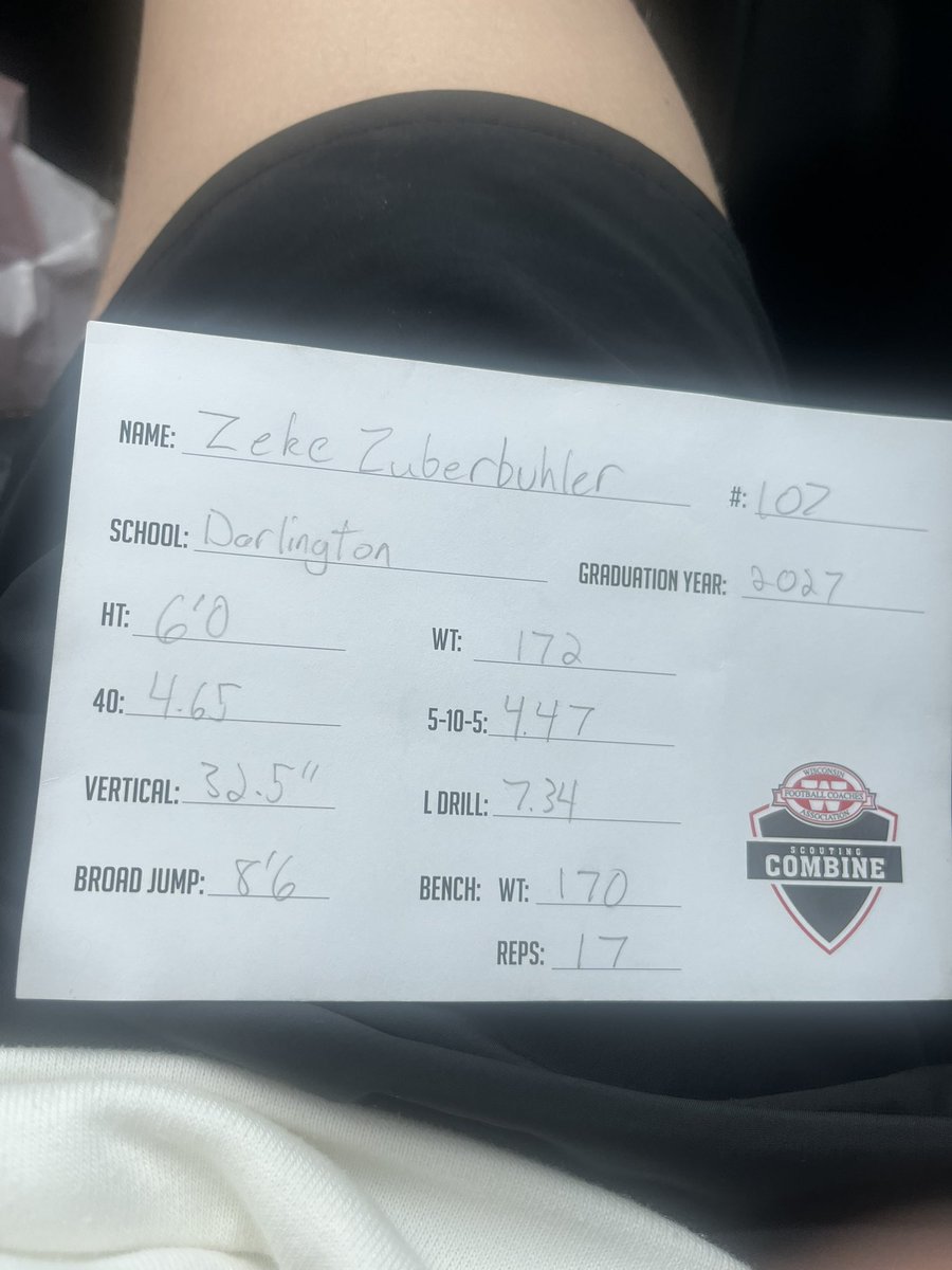 Zeke Zuberbuhler 2027 (@zuberbuhlerzeke) on Twitter photo Had fun competing at the WFCA combine today. Here are my results.<a href="/B19Kamrath/">Benji Kamrath</a> <a href="/PrepRedzoneWI/">Prep Redzone Wisconsin</a> <a href="/MJ_NFLDraft/">Mark Johnson</a> <a href="/jockosports/">Mike Jocko Jacques</a> Had fun competing at the WFCA combine today. Here are my results.<a href="/B19Kamrath/">Benji Kamrath</a> <a href="/PrepRedzoneWI/">Prep Redzone Wisconsin</a> <a href="/MJ_NFLDraft/">Mark Johnson</a> <a href="/jockosports/">Mike Jocko Jacques</a>