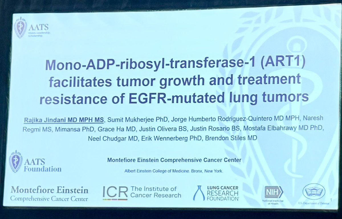 Incredible talk by <a href="/RajikaJindani/">Rajika Jindani, MD, MPH, MS</a> at the Walton Lillehei Forum introducing ART1—a cell surface protein overexpressed in EGFR-mutant NSCLC. Targetable with a humanized monoclonal antibody, ART1 may synergize with other therapies to reduce tumor progression. <a href="/AATSHQ/">AATS</a>  #AATS2025