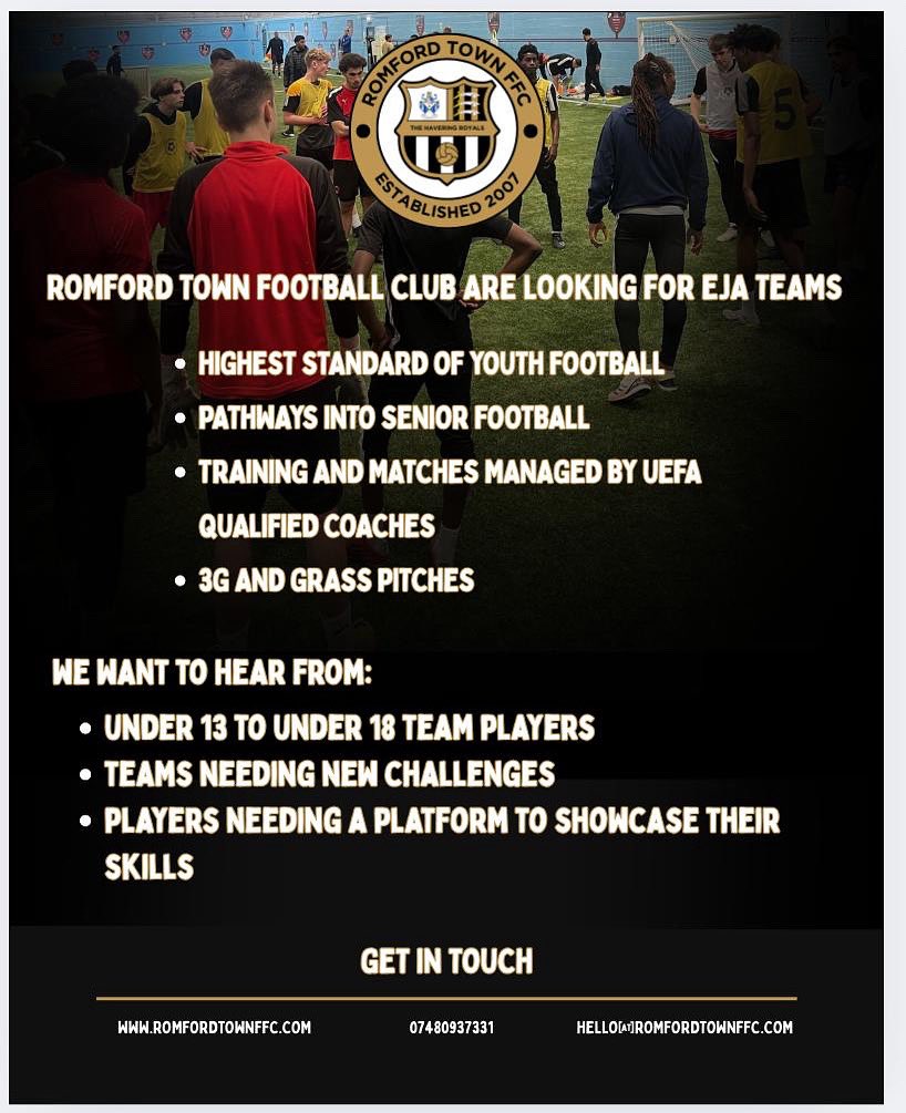 Romford Town FC is recruiting EJA players &amp; teams!
•U13–U18
•UEFA-qualified coaches
•3G &amp; grass pitches
•Pathway to senior football
DM us or contact:
romfordtownffc.com
07480 937331 | hello@romfordtownffc.com
#YouthFootball #EJA #FootballTrials