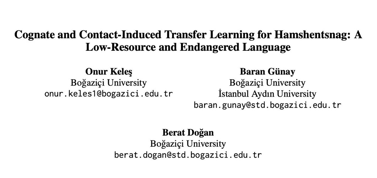 Onr_Kls's tweet image. Can BERT help save endangered languages?
Excited to present this paper with @lambdabstract and @BeratDogan03 at LM4UC @naaclmeeting! We explored how multilingual BERT with augmented data perform POS tagging & NER for Hamshentsnag #NAACL
🔗 Paper: aclanthology.org/2025.lm4uc-1.9/