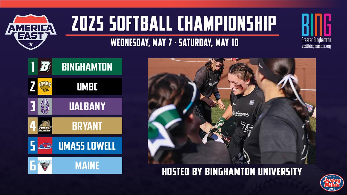 America East (@americaeast) on Twitter photo The #AESB Bracket is set as top seed <a href="/BinghamtonSOFT/">Binghamton Softball</a> will host the 2025 Championship after going 17-2 during the regular season!
📰americaeast.com/news/2025/5/3/… The #AESB Bracket is set as top seed <a href="/BinghamtonSOFT/">Binghamton Softball</a> will host the 2025 Championship after going 17-2 during the regular season!
📰americaeast.com/news/2025/5/3/…