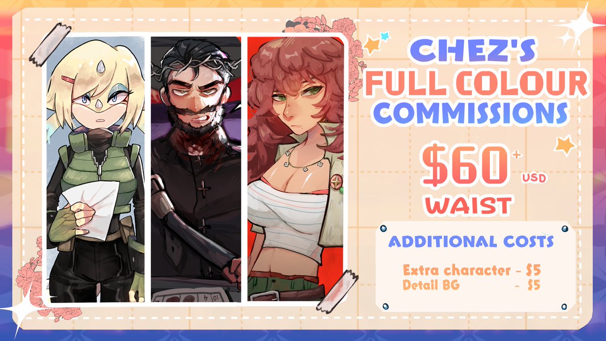 ChezVT's tweet photo. Full Coloured Art (Shoulder/Bust, Waist or Fullbody).
Additional fees for extra character and how semi-detail be the background. (50-70+ USD)

OC, OCxOC, OCxCanon allowed! https://t.co/qMlt1d24kY