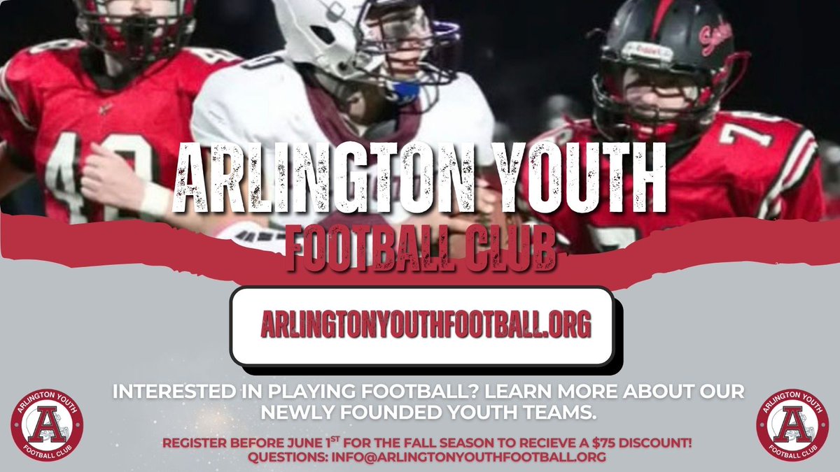 Website &amp; Registration for the newly formed Arlington Youth Football Club are now live!! We are currently offering a 7th &amp; 8th grade team and a 5th &amp; 6th grade "intro to tackle" team. Register by June 1st to receive an early bird discount. arlingtonyouthfootball.org