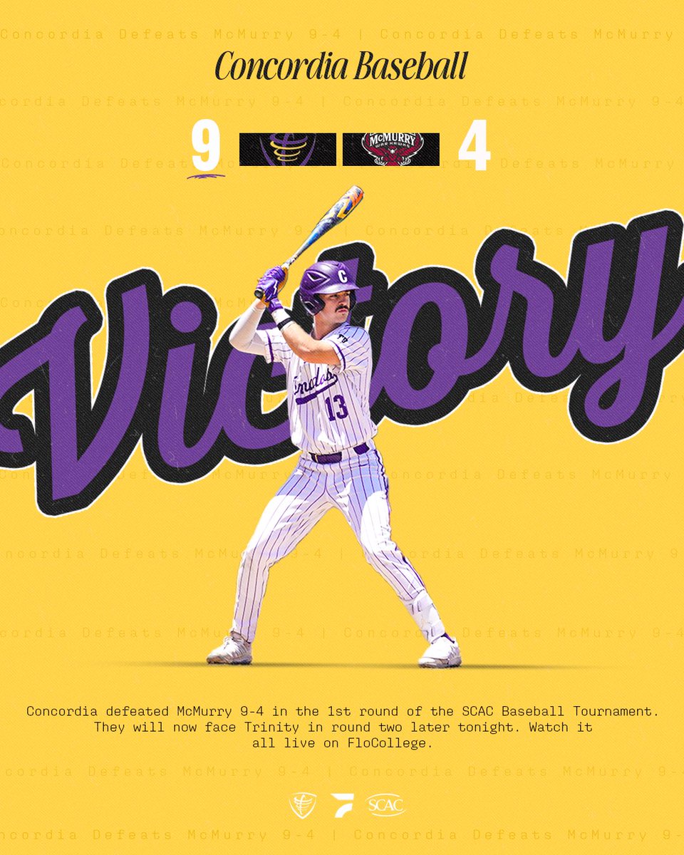 FloCollegeBSB's tweet photo. Concordia looked STRONG in round one ⚾️🔥

The Tornados got a 9-4 W in round one against McMurry! They will now face Trinity in round two later this evening. Watch it all live on FloCollege 👏👏

#SCACbaseball | @SCAC_Sports | @CTXAthletics https://t.co/YRTXXfhitV