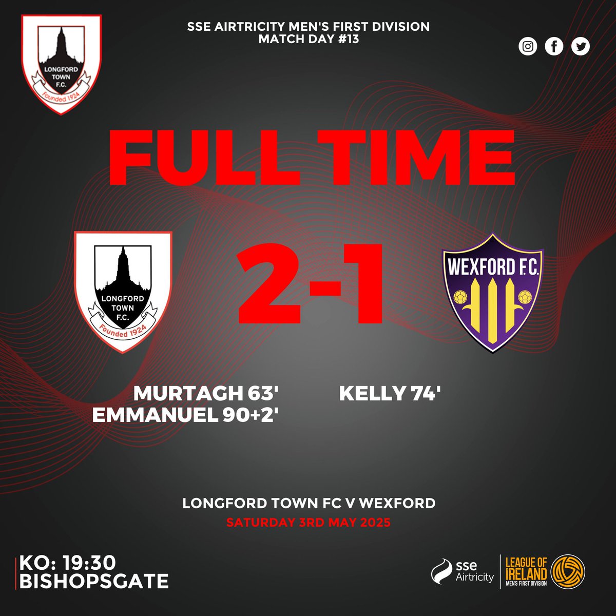 ⏱FT - It is all over here in Bishopsgate as Longford Town beat Wexford 2-1.

Emmanuel Oluwafemi with the winner at the death!!

Longford Town 2-1 Wexford

#Town2025 | #CmonDeTown | 🔴⚫