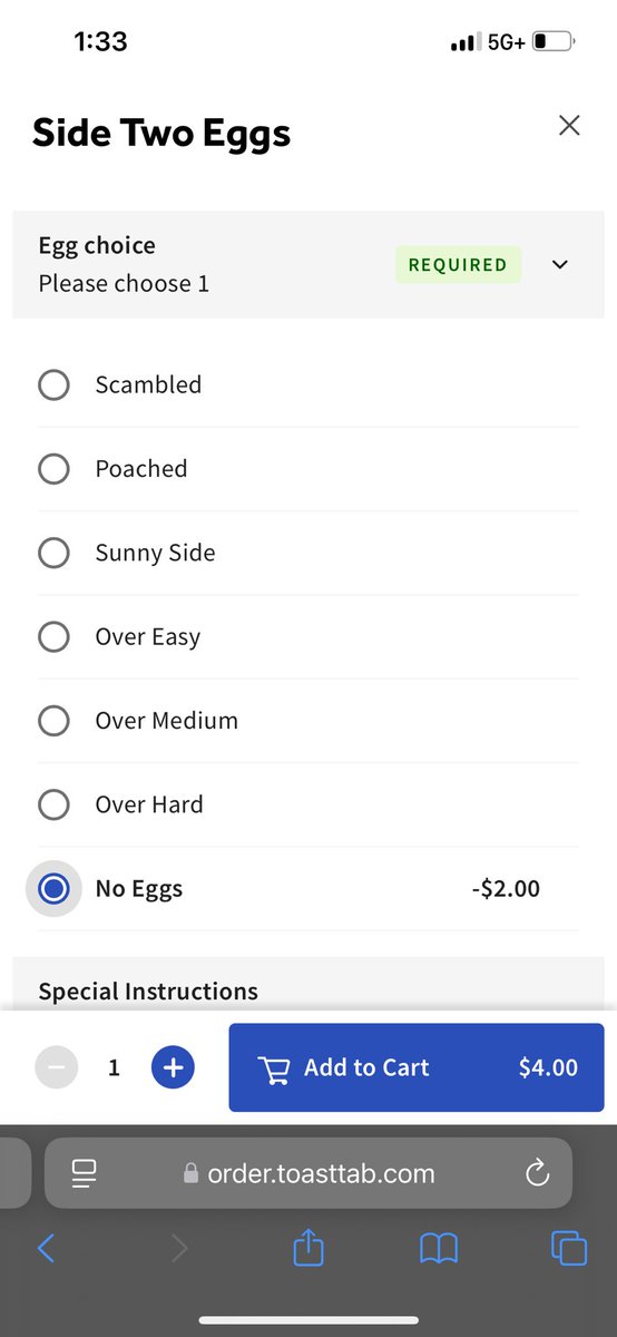 WHAT DOES THIS MEAN? WHY IS THERE AN OPTION FOR NO EGGS FOR -$2 ON A $6 ORDER OF EGGS