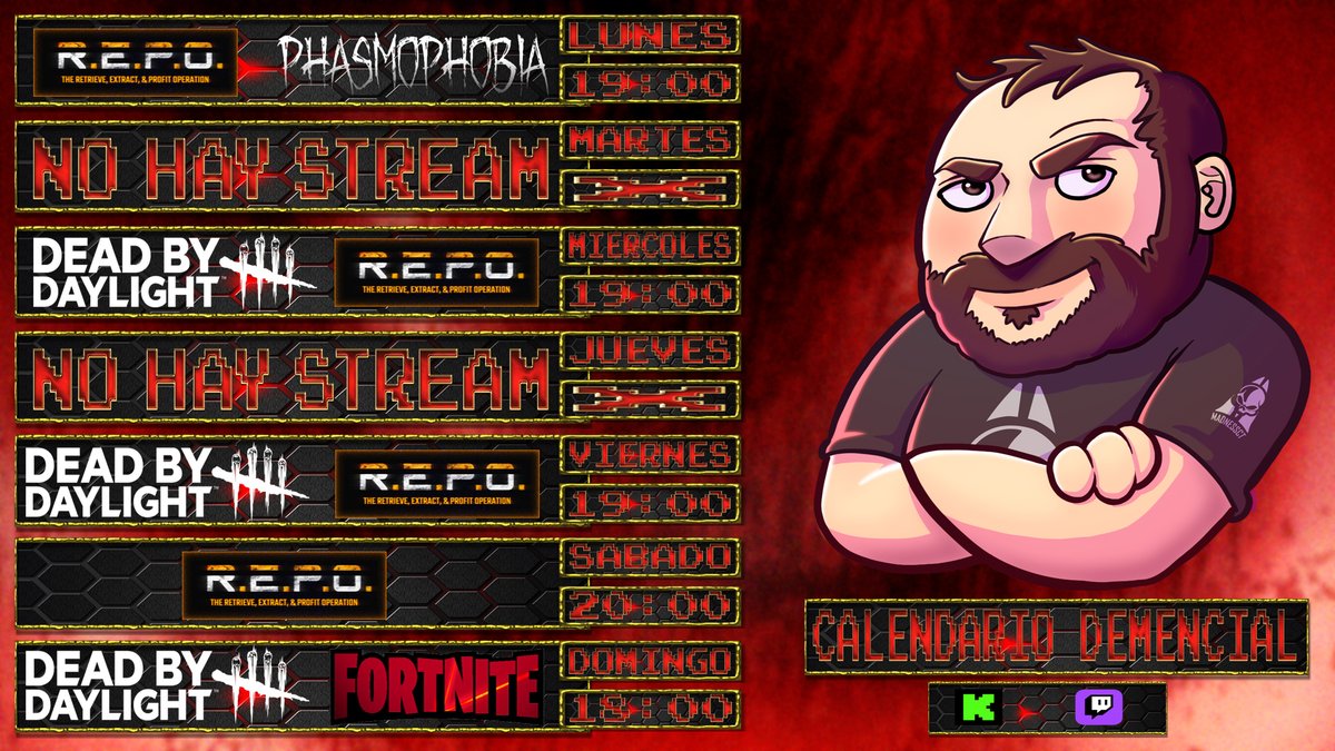 EL NUEVO CALENDARIO DEMENCIAL HA LLEGADO. DE LA SEMANA DEL 5 DE MAYO AL 11 DE MAYO YA LO TENEIS AQUI. TANTO EN KICK COMO EN TWITCH  .