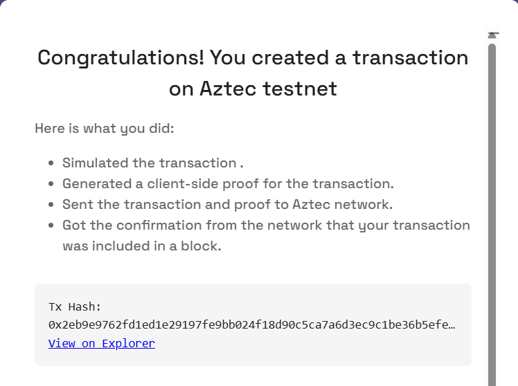 I sent a private transaction on <a href="/aztecnetwork/">Aztec</a> Public Testnet by generating a client-side proof.

Try it yourself with Aztec Playground: play.aztec.network