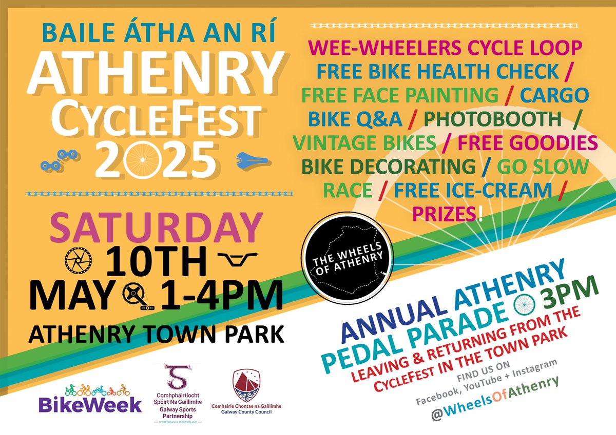 One week to go! ☺

Hope to see you next Saturday, the 10th of May, for Athenry CycleFest!

For more info, go to: facebook.com/share/1FYTxeKy…

---
Our Athenry #BikeWeek events are kindly sponsored by <a href="/galwayactive/">Galway Sports Partnership</a> and <a href="/GalwayCoCo/">Galway County Council</a>.

<a href="/GalwayCycling/">Galway Cycling Campaign (Feachtas Rothaíochta na G</a>