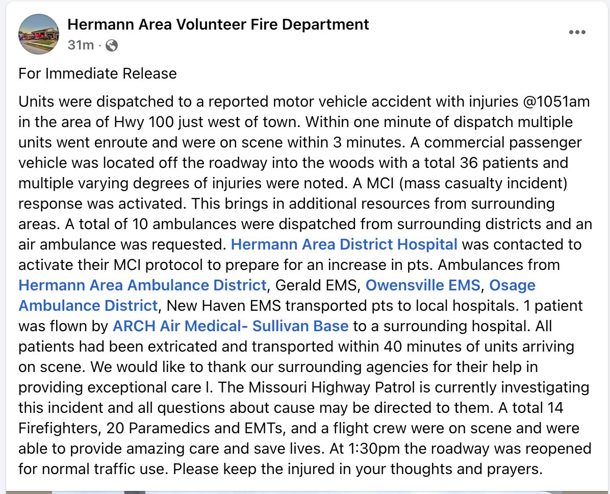 Morning Crash in Hermann Area Leaves 36 Hurt:
Social Media Release from the Hermann Area Volunteer Fire Department: