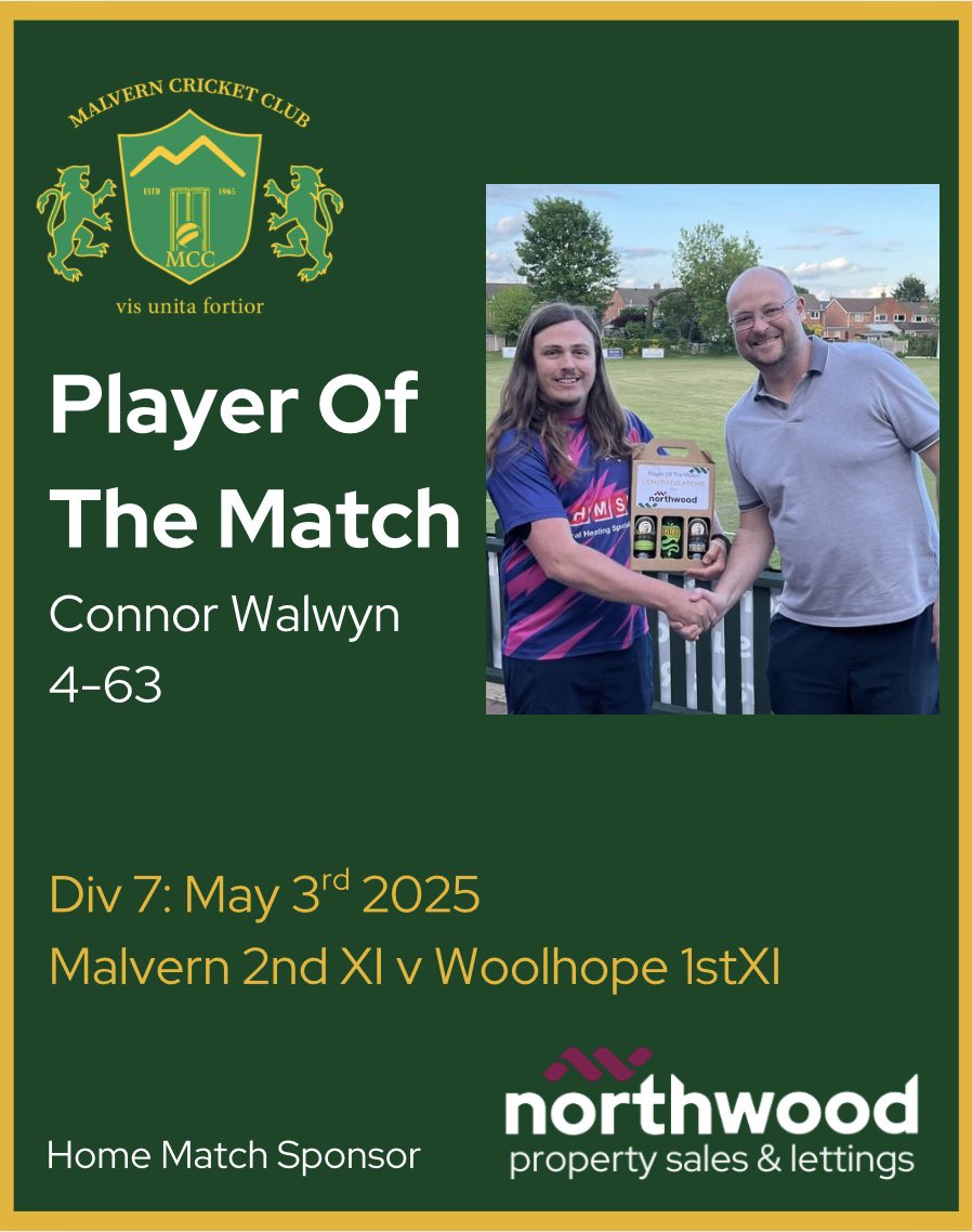 Malvern Cricket Club (@malverncricket) on Twitter photo Connor Walwyn is todayβs <a href="/NorthwoodWorcs/">Northwood Worcester Lettings & Estate Agents</a> player of the match for Malvern Cricket Club 2nd XI.
Well played Connor π Connor Walwyn is todayβs <a href="/NorthwoodWorcs/">Northwood Worcester Lettings & Estate Agents</a> player of the match for Malvern Cricket Club 2nd XI.
Well played Connor π