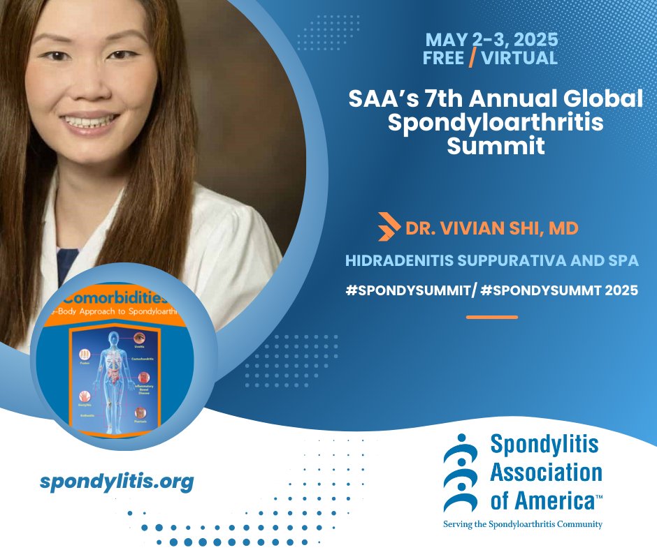 Join us at 2:15pm PDT for our final Global SpA Summit presentation, Hidradenitis Suppurativa and SpA, with board-certified dermatologist Dr. Vivian Shi, MD. 

In her session, she will explore the connection between Hidradenitis Suppurativa and spondyloarthritis, including shared