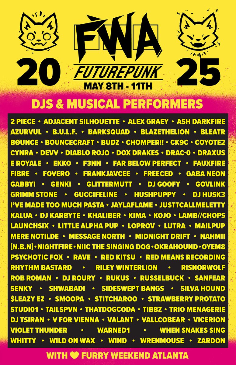 [FROM BSKY] bsky.app/profile/furryw… 

🔥4 DAYS🔥
🌟101 MUSICAL PERFORMERS🌟
💛SEE YOU THIS THURSDAY💛

REGISTER FOR #FWA2025 myfwa.com
