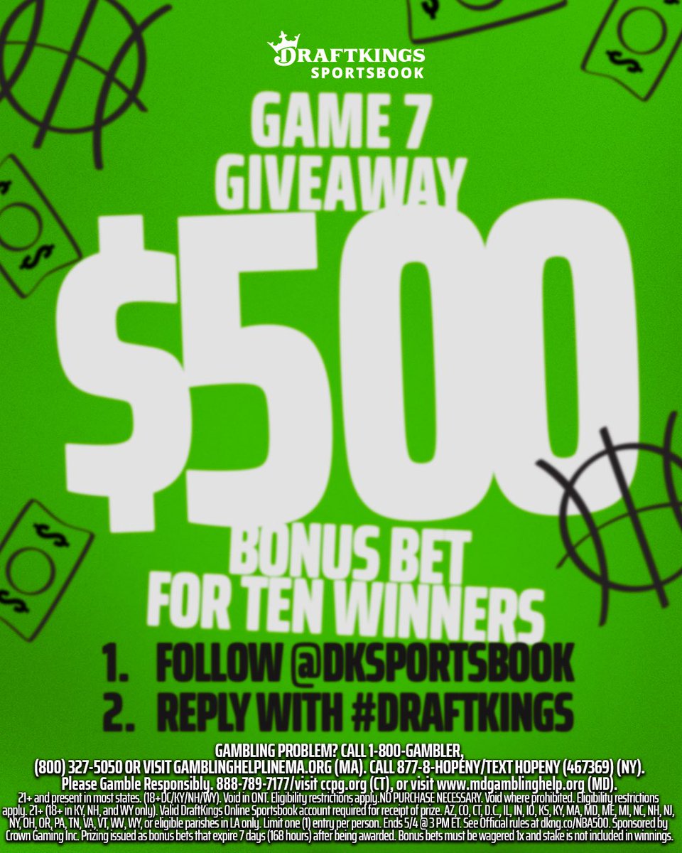 DraftKings Sportsbook (@dksportsbook) on Twitter photo GAME 7 LOADING…. 
We’re giving away 10 $500 bonus bets! To enter, simply:
1. Follow <a href="/DKSportsbook/">DraftKings Sportsbook</a>
2. Reply with #DraftKings
10 Winners | $500 Bonus Bet | Rules: dkng.co/NBA500 GAME 7 LOADING…. 
We’re giving away 10 $500 bonus bets! To enter, simply:
1. Follow <a href="/DKSportsbook/">DraftKings Sportsbook</a>
2. Reply with #DraftKings
10 Winners | $500 Bonus Bet | Rules: dkng.co/NBA500