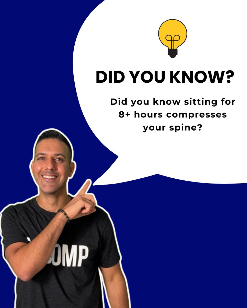 JDchiro's tweet image. Did you know sitting for 8+ hours compresses your spine?

🪑 How long do you sit each day? Drop your number in the comments and tap our bio link to learn how we can help undo the damage. Or shoot us a message—we’ll walk you through it.

#SedentaryLife #SpineCompression