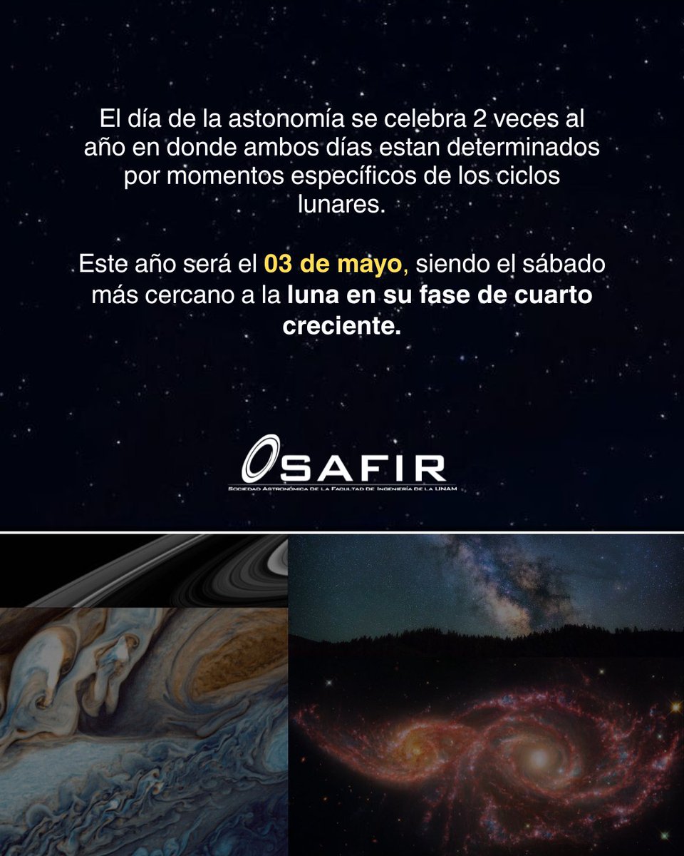 SAFIR_UNAM's tweet photo. ✨¿Sabías que hoy celebramos el Día de la Astronomía? 🔭¿Qué objeto celeste te gustaría observar: una galaxia, un exoplaneta o una nebulosa? 👇¡Responde en los comentarios y cuéntanos!

#DiaDeLaAstronomia #CienciaParaTodos #Astronomia #SAFIRUNAM #Universo #ExploraElCielo 🌌 https://t.co/40IV8w7g9a