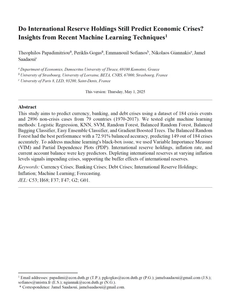 int_mon_econ's tweet photo. Super interesting!

"Do International Reserve Holdings Still Predict Economic Crises? Insights from Recent Machine Learning Techniques" by Theophilos Papadimitrioua, Periklis Gogas, Emmanouil Sofianos, Nikolaos Giannakisa, and Jamel Saadaoui.

"...our analysis of variable importance reinforces the critical role of international reserves in reducing the likelihood of financial crises. Alongside inflation and current account balances, reserve holdings stand out as key predictors, lending empirical support to the notion that higher reserves serve as a buffer against economic shocks. These findings align with existing literature on the protective effects of reserves and contribute to the ongoing discourse on financial stability and crisis prevention."

https://t.co/Cdff8jghib
