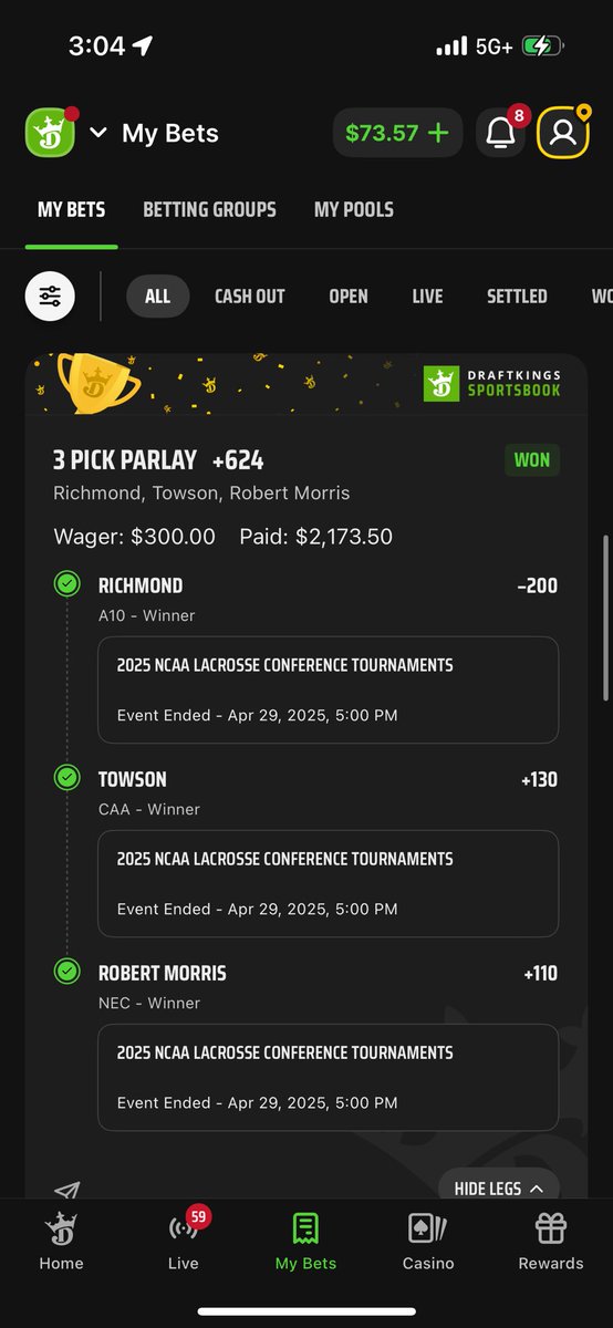 Still mad Army lost for my 50k parlay but at least I got a few futures to cash
