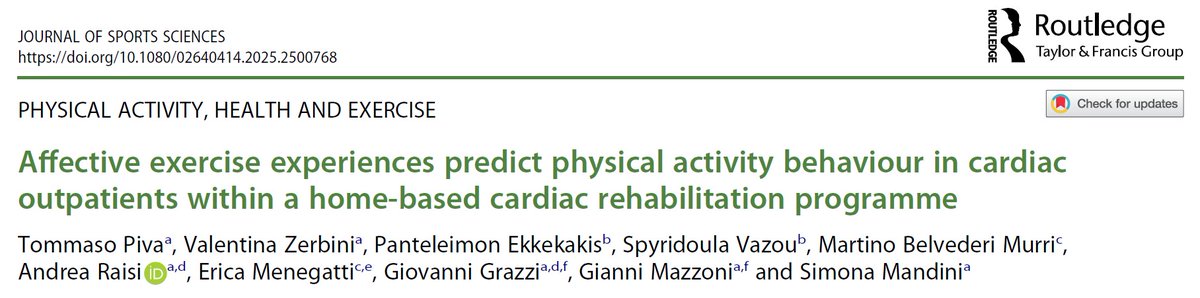 First use of the Affective Exercise Experiences (AFFEXX) questionnaire in a clinical (cardiac rehab) setting, with my wonderful colleagues from Italy, led by Dr Tommaso Piva.  

doi.org/10.1080/026404…