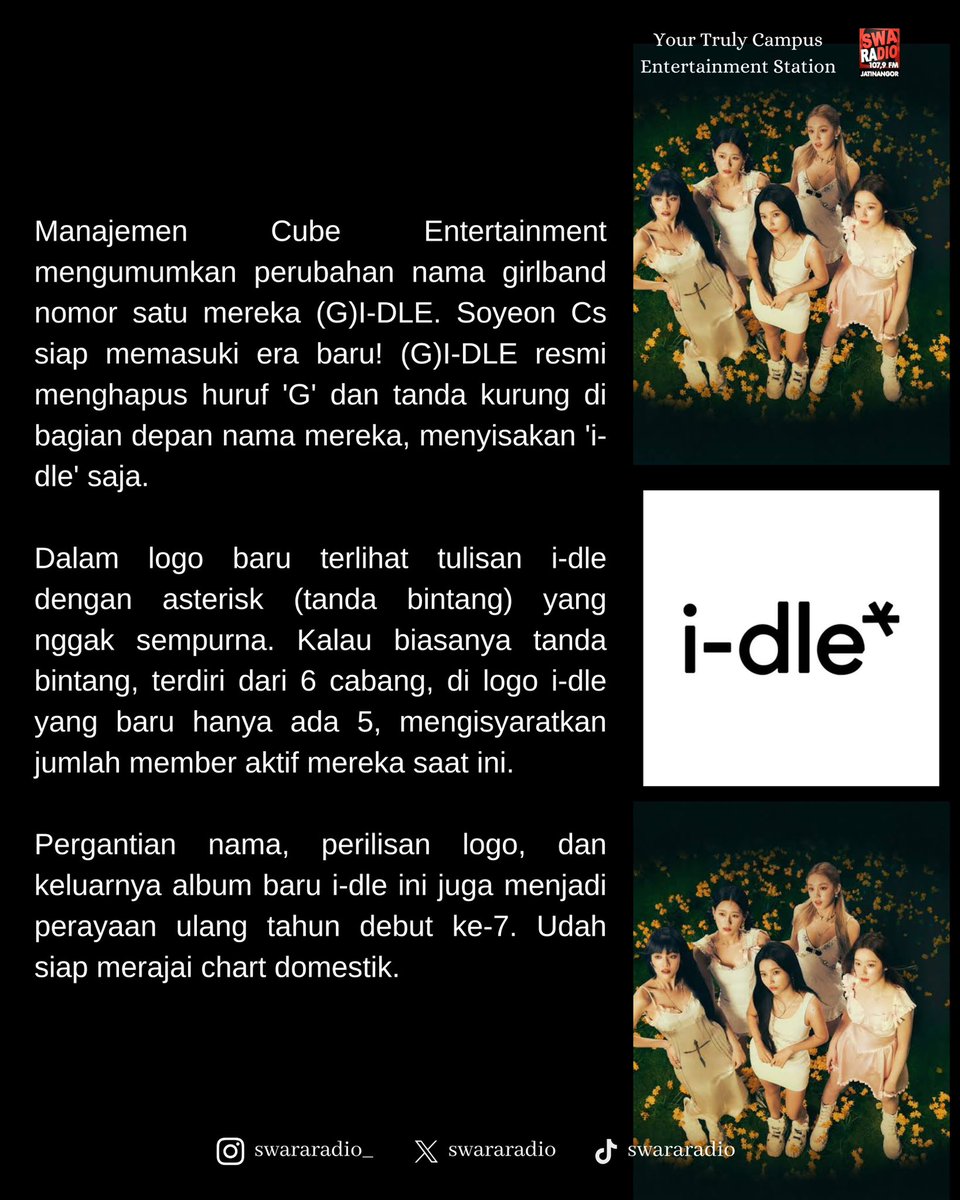 [NEWS UPDATE]

Manajemen Cube Entertainment mengumumkan perubahan nama girlband nomor satu mereka (G)I-DLE. 

#gidle #idle #ISwaraU #swararadio #MeiManifestMore