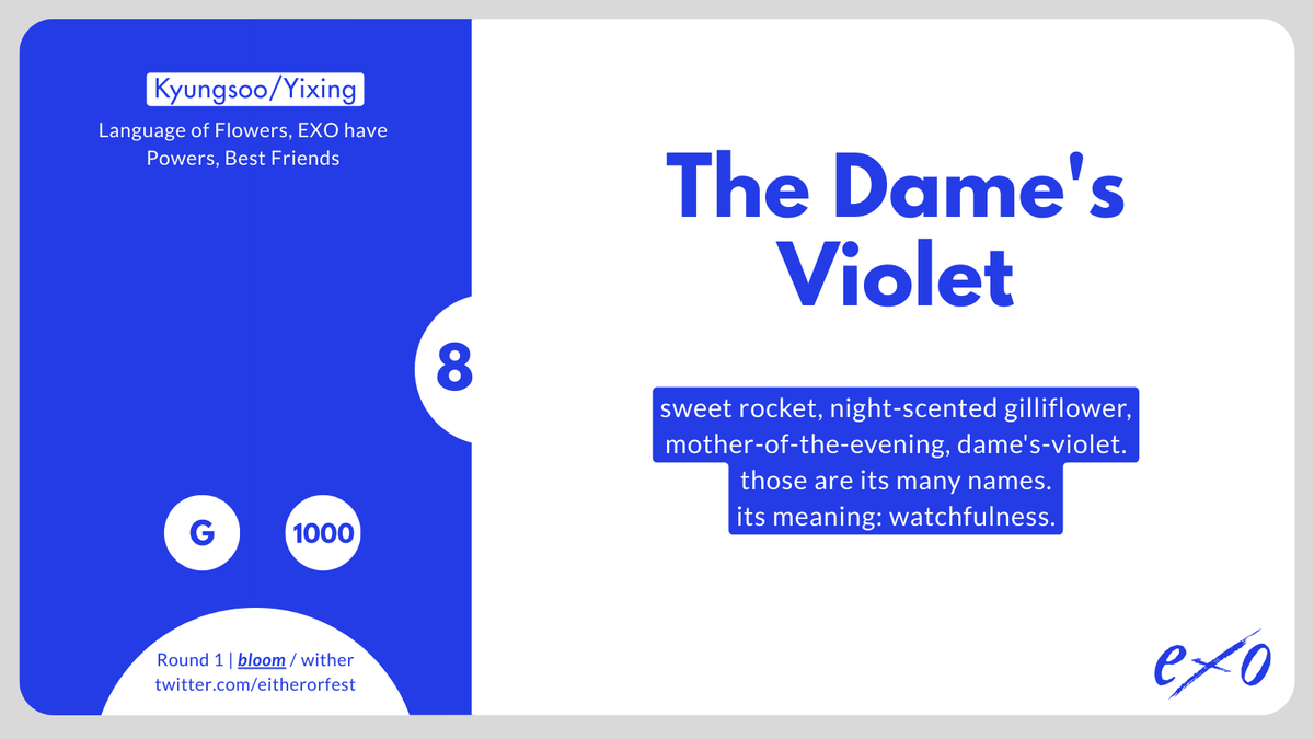 The Dame's Violet ✿

— Kyungsoo/Yixing
— G. 1000 words. {bloom}
— Language of Flowers, EXO have Powers, Best Friends

ao3.org/works/65160727