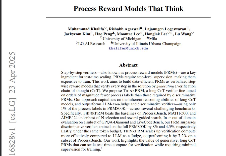 Training Process Reward Models (PRMs) for step-by-step verification requires extensive, expensive step-level labels, while simple LLM-as-a-Judge approaches perform poorly.

This paper proposes THINKPRM, a PRM fine-tuned on minimal labels (8K), which verifies solution steps by